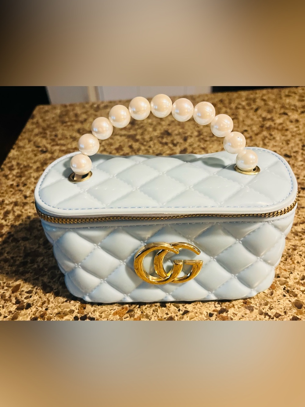 Jelly Light Blue Pearl-Handle Mini Top-Handle Bag